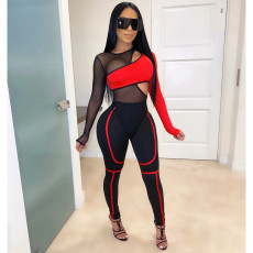 Mesh Splice Bodysuits And Pants Two Piece Set LA-3168