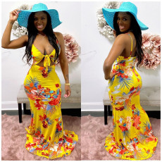 Sexy Print Sling Tie Maxi Dress JZHF-8040