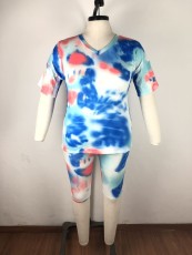 Plus Size Tie Dyed V-neck Shorts Suit (including mask) OSM-4115