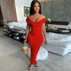 Sexy Solid Color Ruched Slit Maxi Dress WMEF-2054
