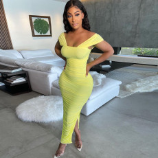 Sexy Solid Color Ruched Slit Maxi Dress WMEF-2054