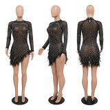 Sexy Mesh See-Through Hot Drilling Irregular Dress CYA-900128