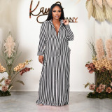 Fashion Stripe Print Long Sleeve Maxi Shirt Dress HNIF-041C