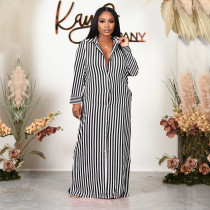 Fashion Stripe Print Long Sleeve Maxi Shirt Dress HNIF-041C