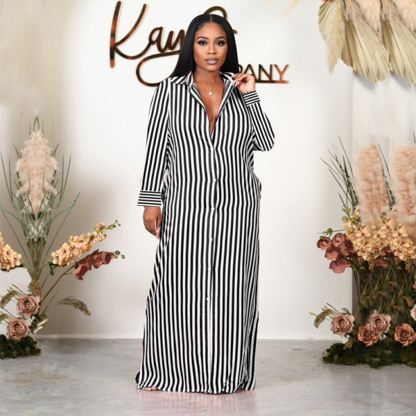 Fashion Stripe Print Long Sleeve Maxi Shirt Dress HNIF-041C