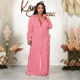Fashion Stripe Print Long Sleeve Maxi Shirt Dress HNIF-041C