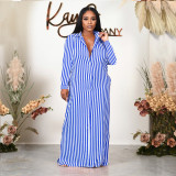 Fashion Stripe Print Long Sleeve Maxi Shirt Dress HNIF-041C