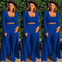 Solid Tank Top+Pants+Long Sleeve Coat Three Piece Set YF-9294