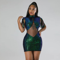 Sexy Hollow Out Sequin Tassel Mini Dress CYA-900158