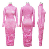 Print Ruched Long Sleeve Midi Dress YF-9598