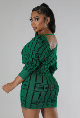 Fashion Print V Neck Long Sleeve Mini Dress XHXF-328