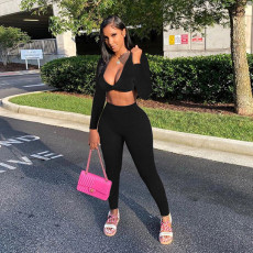 Casual Solid Color Yoga Long Sleeve Sports Two Piece Set WSYF-5955