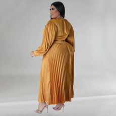 Plus Size Solid Color Long Sleeve Ruched Long Dress NNWF-7729