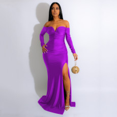 Solid Color Off Shoulder Logn Sleeve Maxi Dress AIL-228