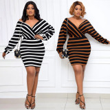 Plus Size Stripe Big V Neck Slim Mini Dress WPF-80868