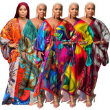 Plus Size Bat Sleeve Print V Neck Maxi Dress NNWF-10248
