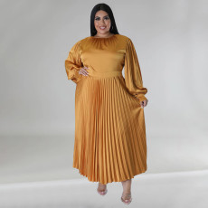 Plus Size Solid Color Long Sleeve Ruched Long Dress NNWF-7729