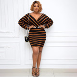 Plus Size Stripe Big V Neck Slim Mini Dress WPF-80868