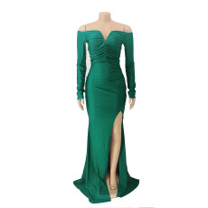Solid Color Off Shoulder Logn Sleeve Maxi Dress AIL-228