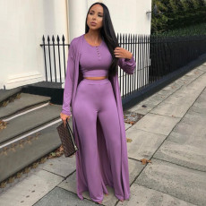 Fashion Solid Casual Top+Pants+Long Sleeve Coat Three Piece Set YF-9962