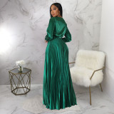 Fashion Solid V Neck Pleated Maxi Dress(With Waist Belt) YF-10334