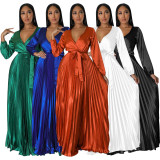 Fashion Solid V Neck Pleated Maxi Dress(With Waist Belt) YF-10334