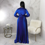 Fashion Solid V Neck Pleated Maxi Dress(With Waist Belt) YF-10334