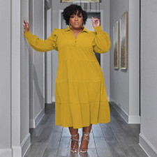 Plus Size Ruffles Shoulder Long Sleeve Bib Swing Dress NNWF-7744