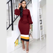 Plus Size Fashion Patchwork Lantern Sleeve Midi Dress OM-1503