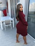 Solid Color Knits Ruffles Sweater Midi Dress TR-1232