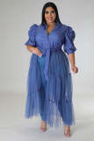 Plus Size Chiffon Mesh Patchwork Puff Sleeve Long Dress OSM-5311