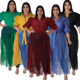 Plus Size Chiffon Mesh Patchwork Puff Sleeve Long Dress OSM-5311