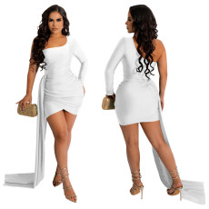 Solid Color Single Sleeve Sexy Slim Mini Dress YF-10341