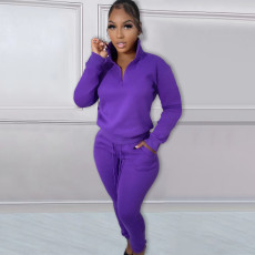 Solid Plush Zipper Pullover And Sport Pant Casual Two Piece Set  NYF-8126