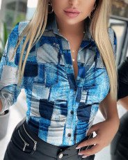 Plus Size Fashion Print Long Sleeve Lapel Shirt GSRX-7112