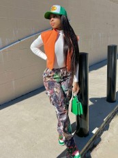 Fashion Leaf Print Straight Pocket Cargo Pants GSMJ-1096
