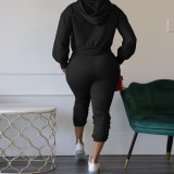 Solid Color Hollow Out Hooded Sweatshirt Pant Two Piece Set TE-4496