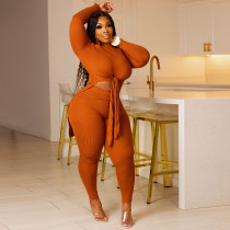 Plus Size Solid Bandage Split Tops And Tight Pant Two Piece Set YNSF-1869