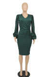 Solid Color Long Sleeve Slim Midi Dress XHXF-336