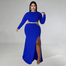 Plus Size Solid Color Hollow Out Split Maxi Dress NNWF-7748