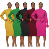 Solid Color High Collar Knits Tie Up Midi Dress TR-1237