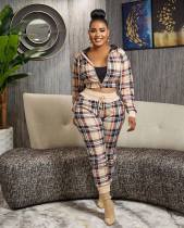 Plus Size Plaid Zipper Fashion Casual Two Piece Set HM-6627