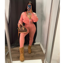 Casual Knits Solid Color Hooded Tops And Tight Pant Sweater Suit GCNF-0204