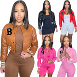 Letter B Short PU Leather Baseball Coat WAF-499236
