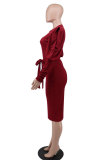 Solid Color Long Sleeve Slim Midi Dress XHXF-335