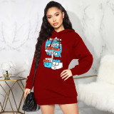Casual Fleece Printed Hooded Sweatshirt Dress XHSY-19481