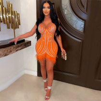 Sexy Hot Drilling Feather Splicing Sling Mini Dress NY-2601