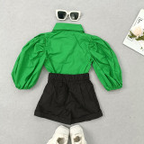 Kids Girls Lantern Sleeve Shirt And Short Two Piece Set GMYF-Y6155