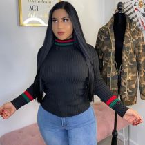 Plus Size Solid Color Pullover Stripe Long Sleeve Tops QY-5282
