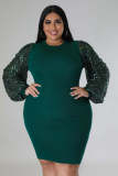 Plus Size Sequin Sleeve Patchwork Midi Dress OSM-5297